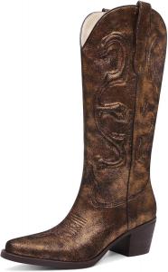 Женские ковбойские сапоги до середины голени, сапоги ковбойские с заостренным носком, массивным каблуком, модная вышивка, стиль вестерн, на молнии GPXGPX, Metallic Brown