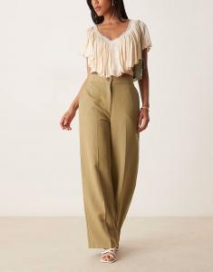 Свободные брюки прямого кроя со льном цвета хаки Asos Design