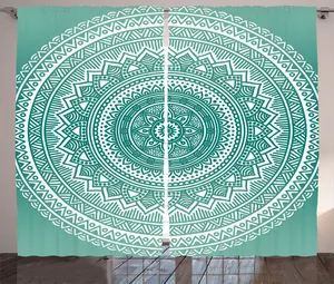 Штора ABAKUHAUS Floral Rustic Stripes Mandala Boho, присборенная штора для спальни с петлями и крючками, 280 x 225 см, белый с бирюзовым Abakuhaus