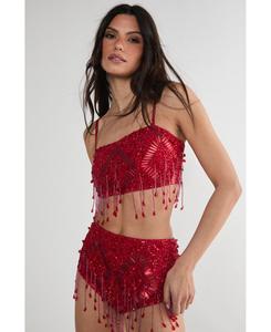 Женский укороченный топ с бахромой и бисером Nasty Gal, Red