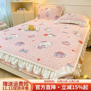 Boyang Комплект постельного белья из молочного бархата (простыня на резинке 180х200 см, 2 наволочки), кружево, принт Teacup Cat