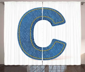 Штора ABAKUHAUS Letter C в деревенском стиле, система надписей Denim Lettering System, универсальные ленточные шторы для гостиной с петлями и крючками, 280 x 175 см, сине-желтый Abakuhaus