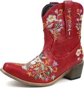 Женские ковбойские ботинки, женские короткие ботильоны с вышивкой цветов, женские ковбойские ботинки с заостренным носком и низким массивным каблуком, винтажные короткие ботинки, женская мода, ретро-кантри обувь Generic, красный