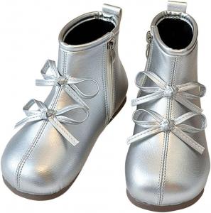 Девочкам милые короткие ботинки с бантиком, мягкие и удобные, с боковой молнией, модные ботильоны для верховой езды Generic, Silver