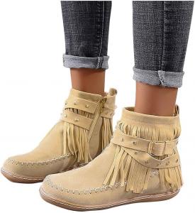 Женские ковбойские ботильоны с бахромой из искусственной замши, короткие ботинки на низком каблуке с кисточками, ретро стиль, зимние Generic, Beige-A