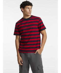 Джинсы GUESS, футболка с коротким рукавом в полоску, модель Ss Cn Reg GUESS JEANS, красный