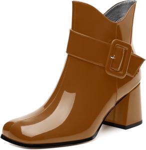 Женские ботильоны средней высоты с квадратным носком и толстым каблуком, короткие ботинки, модные с боковой молнией, однотонные лакированные ботильоны, удобные повседневные рабочие ботинки GUAVAIVY, Brown Patent