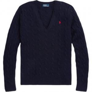 Кабельный вязаный джемпер с V-образным вырезом Polo Ralph Lauren, темно-синий