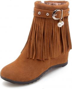 Женские ботильоны на танкетке с этнической бахромой, заклепками, средней высоты, с боковой молнией, круглым носком, удобные, с меховой подкладкой, теплые ретро-вестернские RiceelSor, Brown