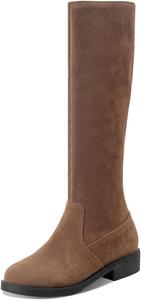 Женские сапоги до колена с круглым носком из замши, классические женские сапоги с низким квадратным каблуком, плоские эластичные зимние ботинки для верховой езды JMdfcqer, Brown