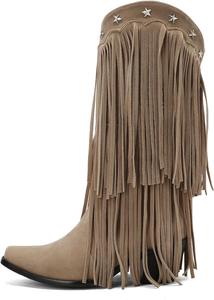 IYZXZYI Женские розовые замшевые сапоги Fringe, высокие сапоги вестерн с кисточками, заостренный носок, модные слипоны