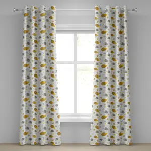 Штора на люверсах ABAKUHAUS Ежик, тема Осень в лесу, различные животные-талисманы с маленькими цветами, декоративные двухпанельные шторы, 280 см x 245 см, земляно-желтый и серый цвета