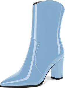 Женские ботильоны MOVINSTEPS в ковбойском стиле с закрытым носком, модные, с боковой молнией, из лакированной кожи, массивный высокий каблук, средняя голень, каблук 3,3 дюйма, Light Blue