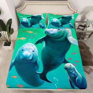 Erosebridal Фиттед простыня Kawaii Manatees Lover с морскими животными, голубой дизайн, Multi 10