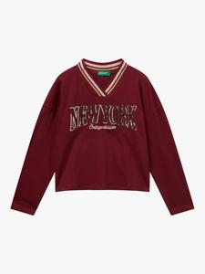 Детский хлопковый топ с V-образным вырезом и пайетками Benetton, Red