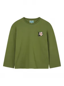 Футболка с длинными рукавами и цветочной вышивкой Kenzo Kids, зеленый