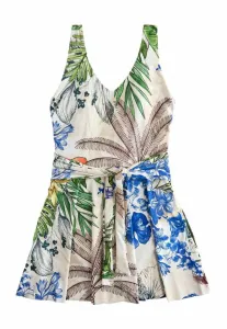 Платье-Купальник с юбкой, подчеркивающее фигуру и создающее эффект утягивания живота. пляжный аксессуар. Next, Cream Navy Parrot Print