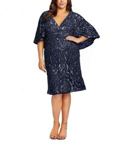 Коктейльное платье с рукавами-накидкой и декором Mac Duggal, синий