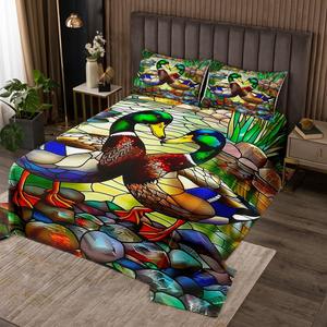 Erosebridal Комплект постельного белья Mallard Duck River с красочным дизайном диких животных и растений в технике витраж из стеганого материала с абстрактными геометрическими узорами, Green Blue