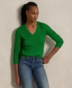 Женский вязаный свитер с V-образным вырезом из хлопка Polo Ralph Lauren, зеленый