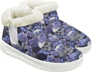 Женские ботинки JoyLamoria с принтом черепа, противоскользящие, утепленные, пушистые, для работы зимой, Blue Flower Skull