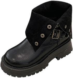 Женские сапоги до середины голени с пряжкой, круглый носок, без застежки, осенне-зимние, с мягкой подкладкой, на платформе, высокая модель с кнопкой Generic, Black