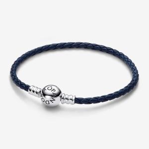 Браслет Pandora Moments Round Clasp Blue Braided Leather, серебро/кожа/синий