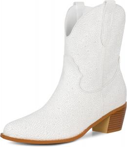 Женские ковбойские сапоги STALOV, вышивка, серебро, по щиколотку, с острым носком, на каблуке-блоке, повседневные, весна-осень, для катания на ковбое