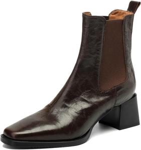 Женские ботинки TinaCus ручной работы из натуральной кожи с эластичными вставками по бокам, квадратным носком и устойчивым каблуком, ботильоны челси, Brown