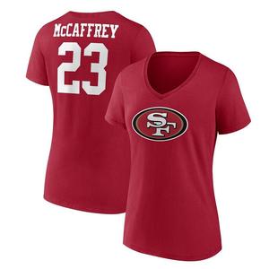 Женская футболка Fanatics с брендом Christian McCaffrey Scarlet San Francisco 49ers, значок игрока, имя и номер, футболка с v-образным вырезом, красный