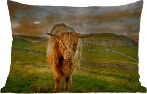 Подушка для улицы - Шотландский высокогорный скот - Трава - Горы - 50 x 30 см - Водонепроницаемая - Подушка для отдыха - Подушка для дивана - Украшение для гостиной MuchoWow