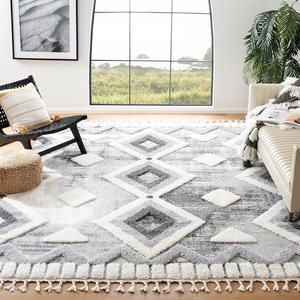 Ковер SAFAVIEH, 244 x 305 см, - коллекция Moroccan Tassel Shag - большой - Grey & Ivory, дизайн бохо, не линяет и легко чистится, плюшевый ворс, идеально для гостиной, спальни, столовой (MTS656F)