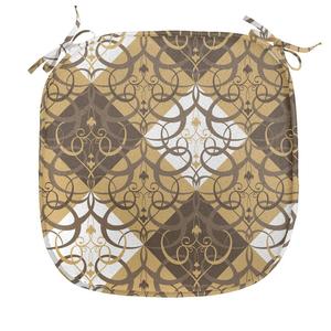 ABAKUHAUS Подушка для обеденного стула в восточном стиле, дамасская ткань и завитки, декоративная водонепроницаемая подушка с ремнями для кухонных сидений, 40 см x 40 см, песочно-коричневый, белый, янтарно-коричневый