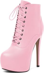 Женские ботильоны Esvowido на платформе, боевые ботинки с высоким каблуком-шпилькой, с округлым носком, сексуальные ботильоны с шнуровкой и молнией, короткие ботинки, каблук 16 см, Matte Pink