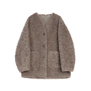 ELLE Вельветовая куртка женская серо-коричневая с V-образным вырезом утепленная