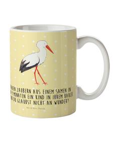 Детская кружка с изображением аиста и надписью в пастельно-желтых тонах Mr. & Mrs. Panda