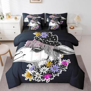 Erosebridal Детский комплект постельного белья Cartoon Goat с веселыми козами, цветами и растениями, мягкий материал, принт животных, Black