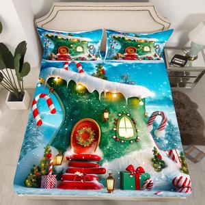 Erosebridal Накладная простыня Green House с новогодним принтом, комплект постельного белья с конфетами и снежинками, Green Red Blue White