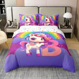 Erosebridal Хлопковый комплект постельного белья с единорогами и радугой в стиле фэнтези, реверсивный фиолетовый, Purple B
