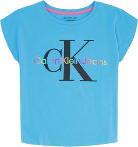 Футболка Calvin Klein для девочек с короткими рукавами и логотипом, удобная хлопковая футболка с внутренней стороной без бирки, Bleu Atoll Rainbow