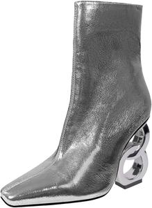 Женские модные ботильоны XYD с боковой молнией, двойной цепочкой и широким каблуком, закрытым квадратным носком, для вечеринок, клубов и мероприятий, Silver Gray