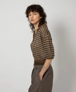 Поло из хлопка и нейлона в полоску, трикотажное, с коротким рукавом 6(Roku), цвет Dk Brown