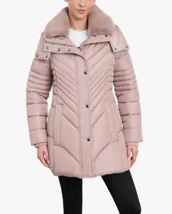 Куртка-пуховик с капюшоном на молнии и съемным меховым воротником в цвете розового дерева London Fog