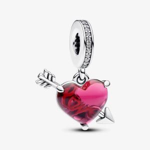 Шарм-подвеска Pandora Moments Heart & Arrow Murano Glass, серебро/красный