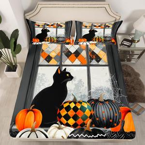 Erosebridal Комплект постельного белья Cute Black Cat с тематикой Хэллоуин и котиками, Orange