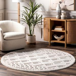 nuLOOM Round Ansley Moroccan Tassel ковер, 183 x 183 см, Light Grey, фактурный богемный дизайн High-Low, плюшевый высокий ворс, устойчивый к пятнам, для спальни, гостиной, коридора, прихожей