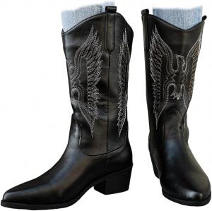 Женские ковбойские сапоги с вышивкой, массивным каблуком, ковбойские сапоги с заостренным носком, без застежки, средней высоты, вестерн-сапоги с петлями для надевания ZJWBB, Black