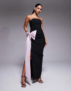 Платье-бандо макси Oh Polly Angelique черного цвета с розовым бантом