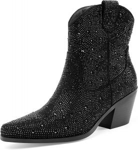 Женские блестящие ковбойские ботильоны Oh Mispares с кристаллами и стразами, западный стиль, заостренный носок, низкий массивный каблук, с молнией, Black/Black