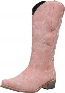 Западные ковбойские сапоги для женщин зимние с массивным низким каблуком, обувь для свадьбы, верховые ковбойские ботильоны, натягивающиеся, с широким голенищем, заостренным носком и вышивкой, женские сапоги средней длины LJCFSDL, Pink